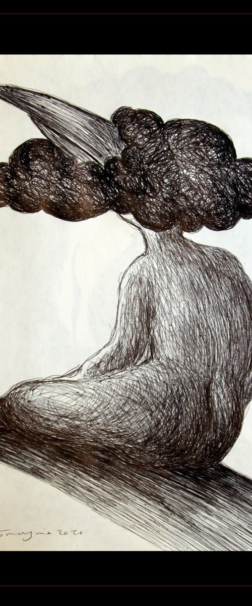 Small Drawings 2: (Waiting for God), pen on paper, 21 x 29 cm by Jamaleddin Toomajnia