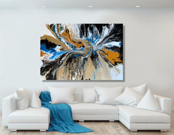 The Shining of Gold #6 - LARGE, VIBRANT, WHITE , GOLD, BLACK & BLUE ABSTRACT ART – EXPRESSIONS OF ENERGY AND LIGHT. READY TO HANG!