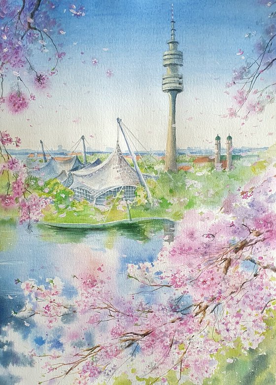 Spring cherry blooming in Munich Olympiapark