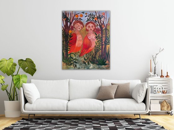 Sirens Art Modern Woman Nude, Bird Woman, canvas, oil - Garden guards 90x75 cm