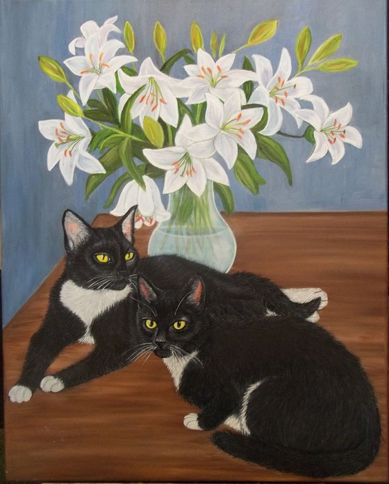 Tuxedo Cats and White Lilies