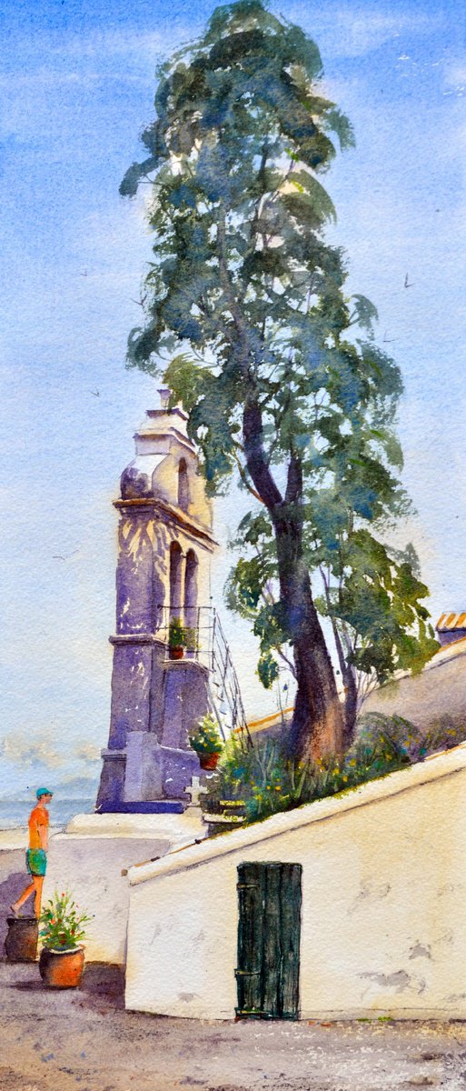 Impressionistic Cityscapes Watercolour By Nenad Kojic, 10 X 22", Church And Tree Corfu Greece, Original Artwork