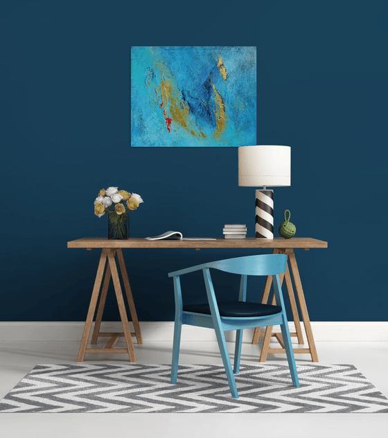 Teal, Blue and Gold Large Abstract Painting. Modern Textured Art