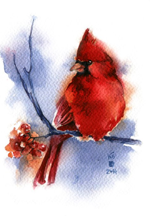 Watercolor New Year's card "Red cardinal bird on a branch" by Ksenia Selianko
