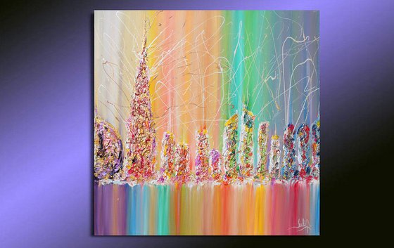 ABSTRACT CITYSCAPE PAINTING, RAINBOW ABSTRACT ART, SKYLINE, SKYSCAPERS, SURREAL ABSTRACTION, MODERN PAINTING, MULTICOLORED, PALETTE KNIFE, RICH TEXTURE, ORIGINAL CONTEMPORARY COLORFUL ART ''THE FUTURE CITY''