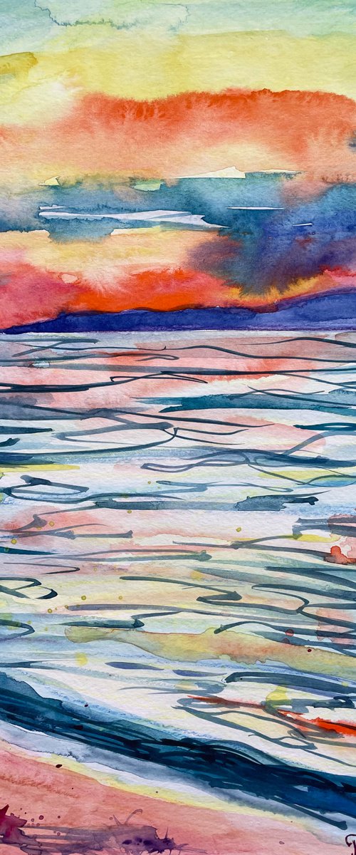 Sea Watercolor Painting, Sunset Seascape Original Artwork, Coastal Wall Art, Beach House Decor by Kate Grishakova
