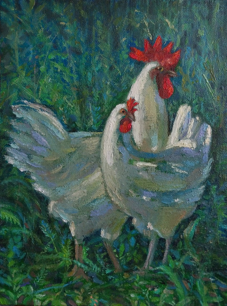 Rooster And His Hen By Kamsar Ohanyan, 12 X 16, Artwork For Sale On Artfinder