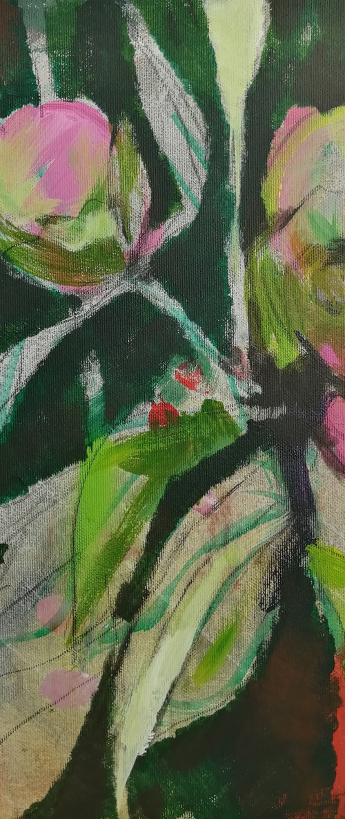 Green-pink peonies modern mixed media painting by Olga David