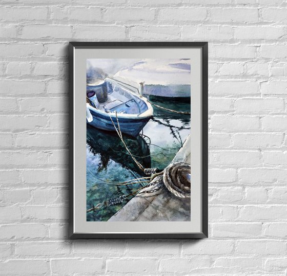 Watercolor Boat ORIGINAL Painting - Ship in Ocean (Sea) Artwork - Marine Art