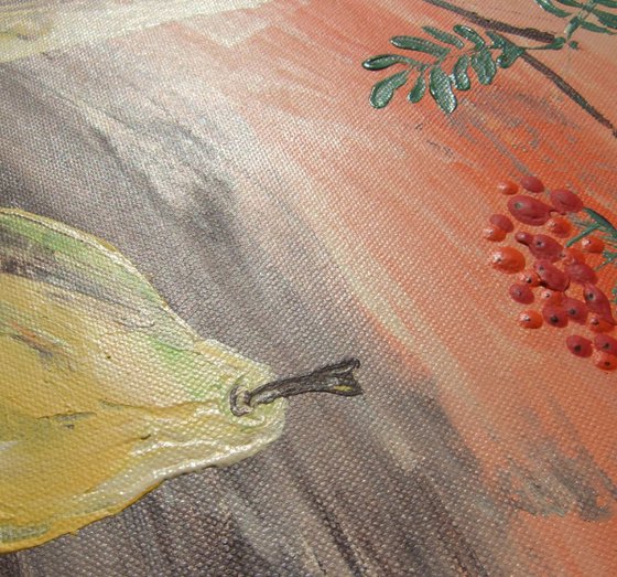 quince Rowan Still life palette knife B018 painting pear decor original floral art 40x40x2 cm acrylic on stretched canvas orange wall art