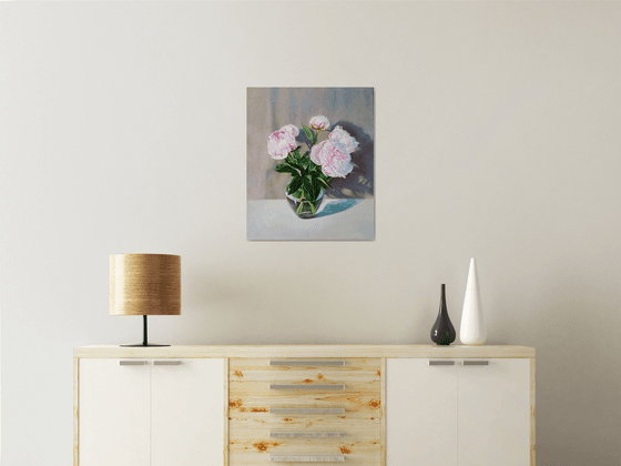 "A bouquet of peonies in a glass vase." still life peony pink summer  white liGHt original painting  GIFT (2020)