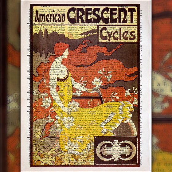 American Crescent Cycles - Collage Art Print on Large Real English Dictionary Vintage Book Page