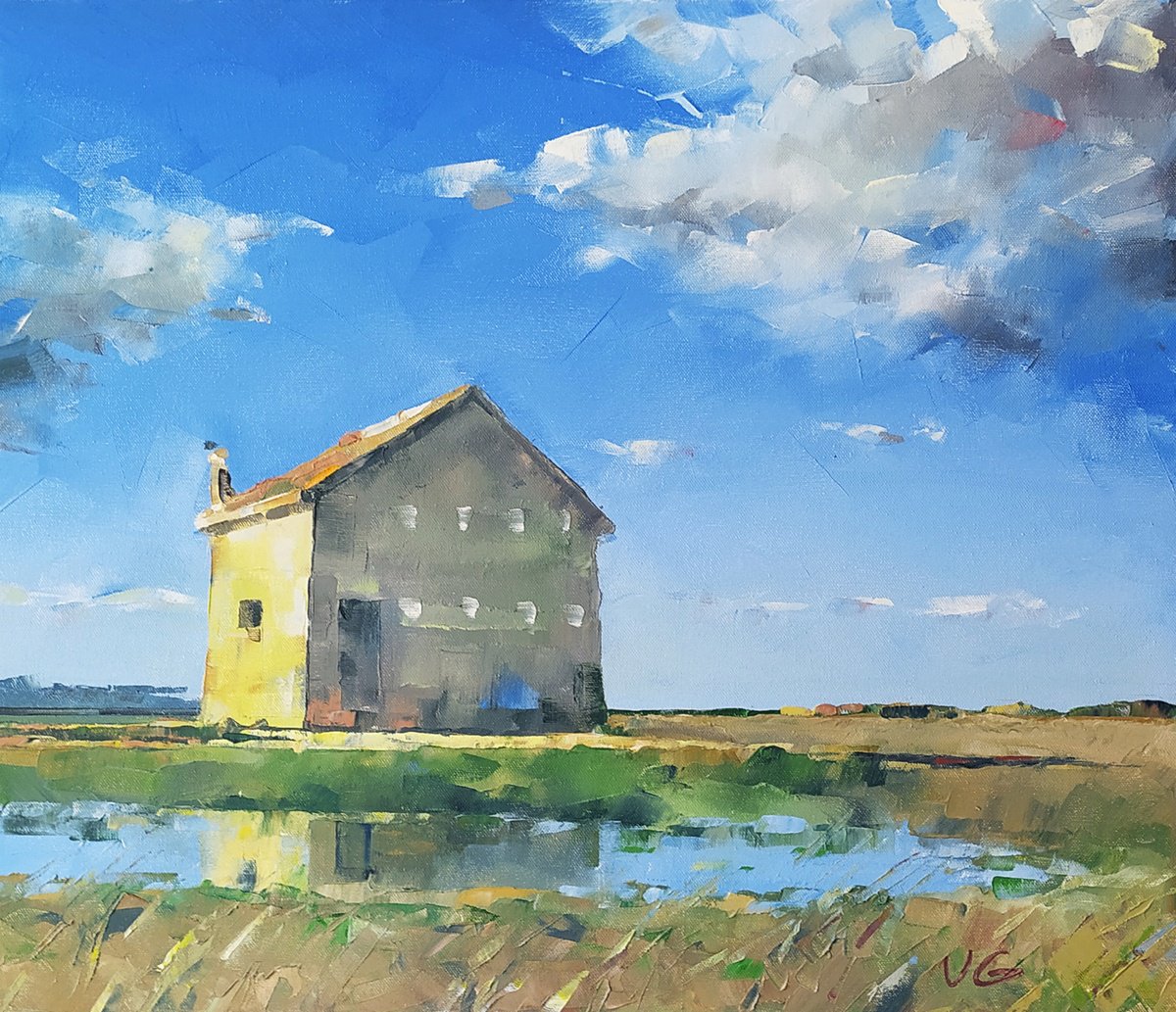 Landscape CELESTIAL MOOD original oil painting old house among rice fields under the brigh... by Volodymyr Glukhomanyuk
