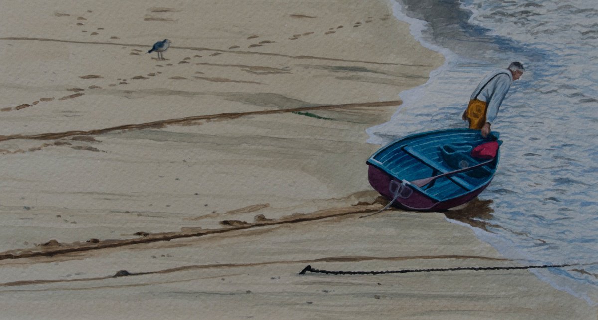 Launching a Rowboat, St Ives, Cornwall by Sue Cook