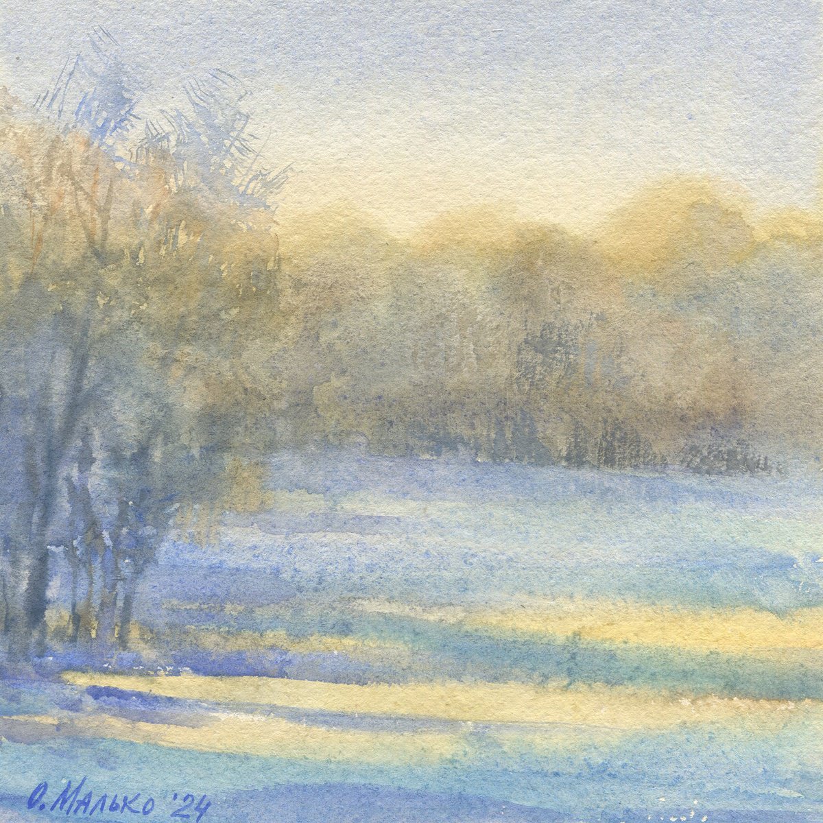 Azure spring morning / ORIGINAL watercolor ~8x8in (20x20cm) Blueish landscape Square pictu... by Olha Malko