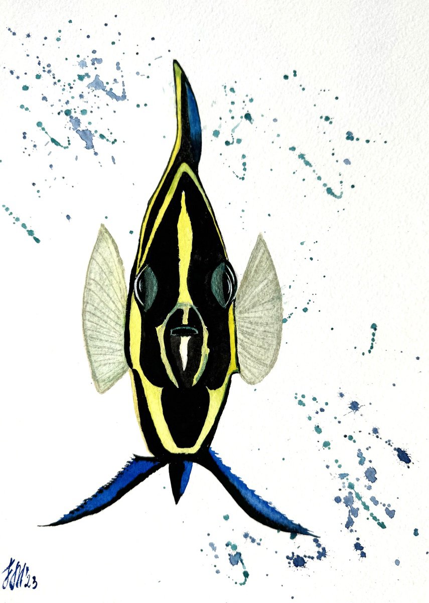Animal Watercolour By Yuliia Sharapova, 12 X 16", Exotic Striped Yellow Fish, Original Artwork