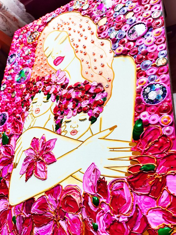 Mother and babies. Hot pink painting with floral woman. Mosaic love gift
