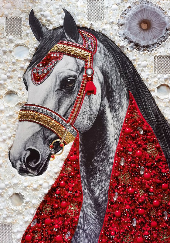 White horse in a red scarf