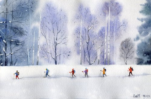 Ski trip. Original watercolor. by Evgeniya Mokeeva