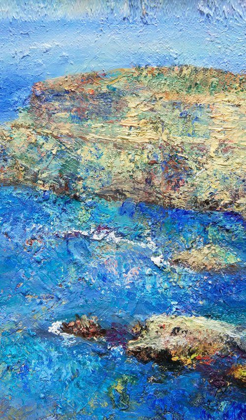 Sea blue and rocks. Picture framed. Original oil painting by Helen Shukina