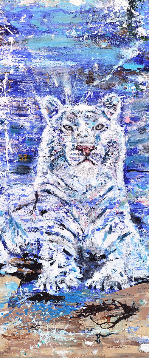 Tiger painting : WHITE TIGER DREAM - Wildlife art 100x100 cm- 39.37"x39.37" by Oswin Gesselli