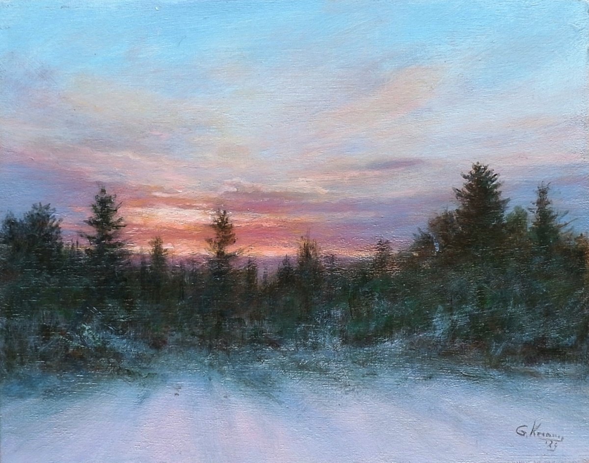 Impressionistic Landscape Acrylic Painting By Gerard Kramer, 12 X 9, Winter Evening., Original Artwork