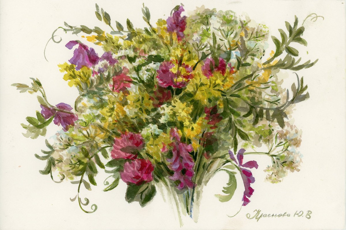 Photorealistic Botanical Watercolour By Yulia Krasnov, 12 X 8", Bouquet Of Wild Flowers, Original Artwork