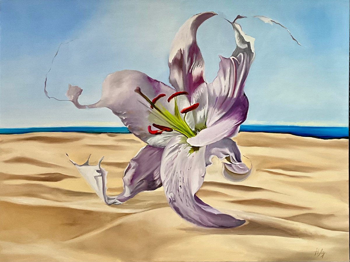 Surrealistic Botanical Oil Painting By Natalia Lugovskaya, 47 X 35", Running On Sand, Original Artwork