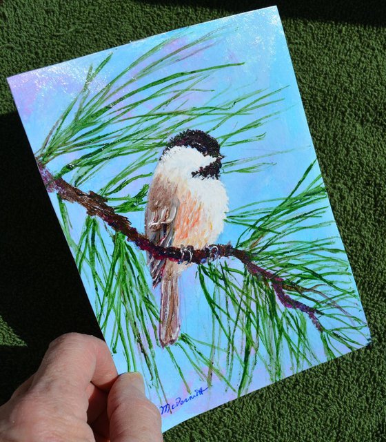 Sky Blue Pink Chickadee - framed original 7X5 inch bird painting by K. McDermott (SOLD)