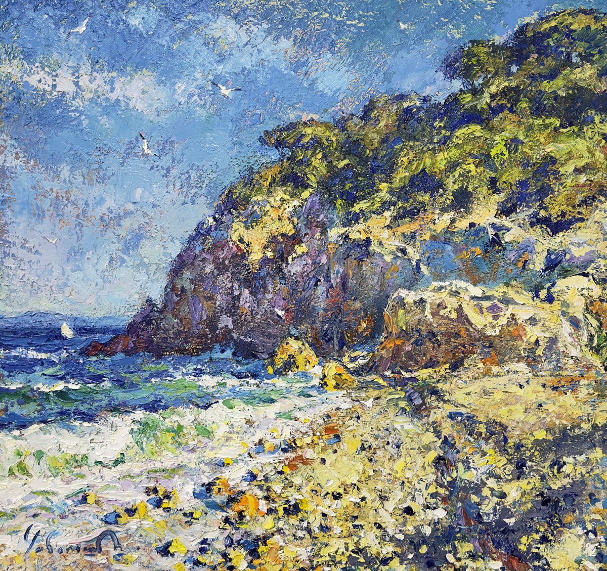 Impressionistic Landscape Oil Painting By Andrii Chebotaru, 30 X 28, Azure Breeze Of Antibes, Original Artwork