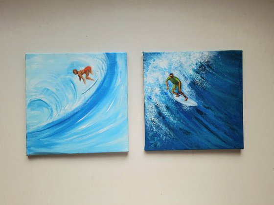 Set of Two Surfers in the blue sea