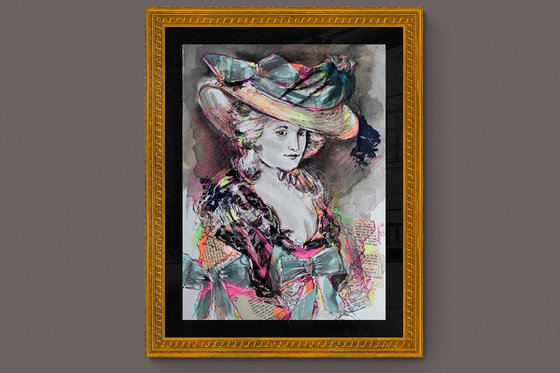 Lady Rococo II- Portrait mixed media drawing on paper
