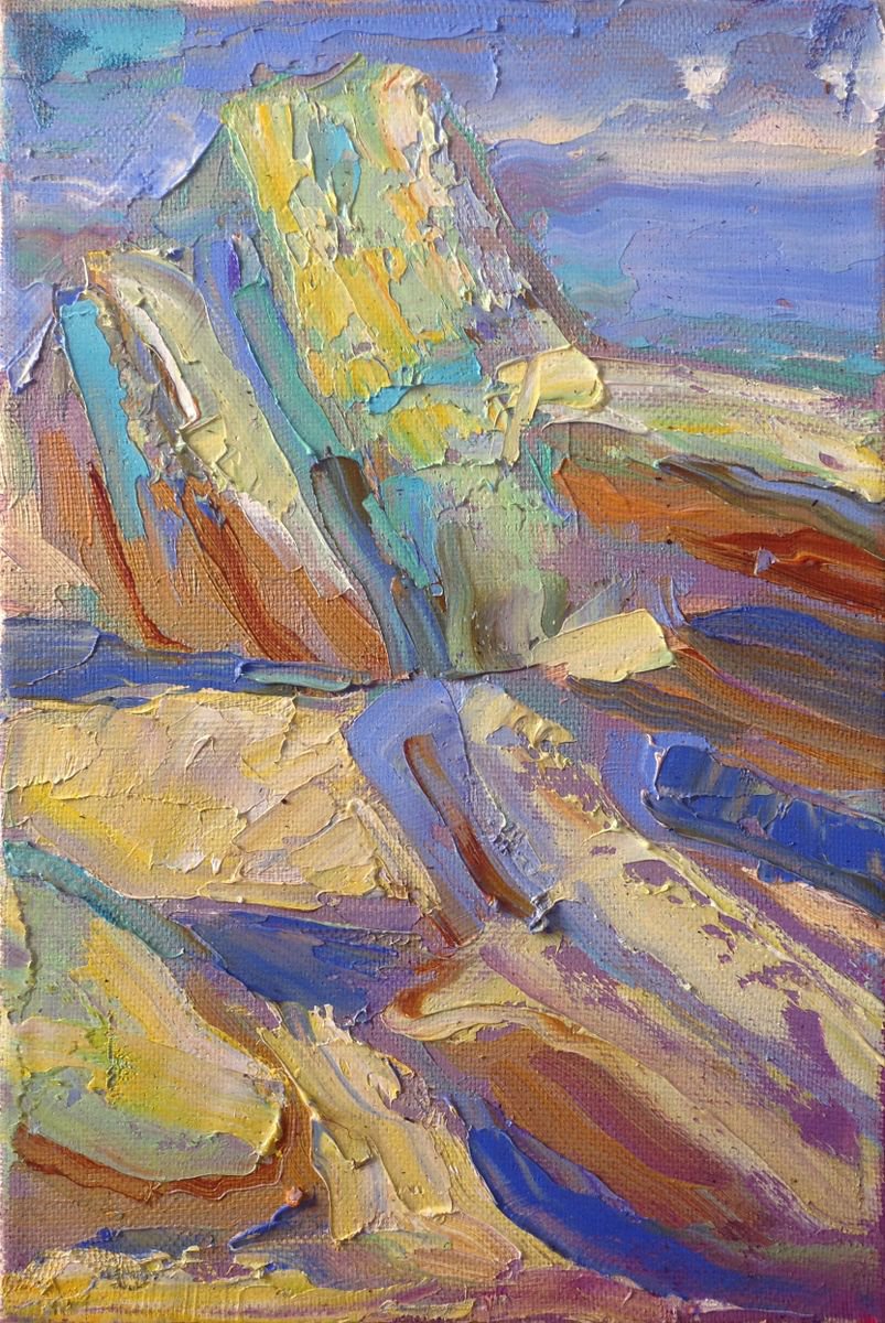 Abstract landscape with stones and sea. Original oil painting by Nataliia Nosyk