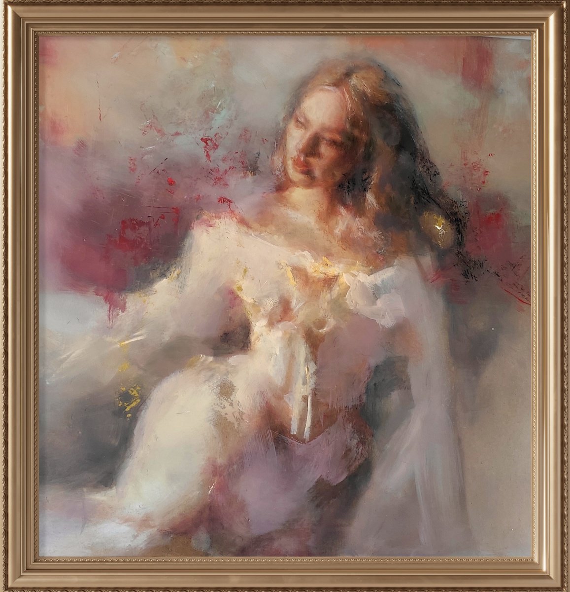 Impressionistic Portrait Oil Painting By Yuliia Kyrsanova, 30 X 30", Dreamy Elegy, Original Artwork