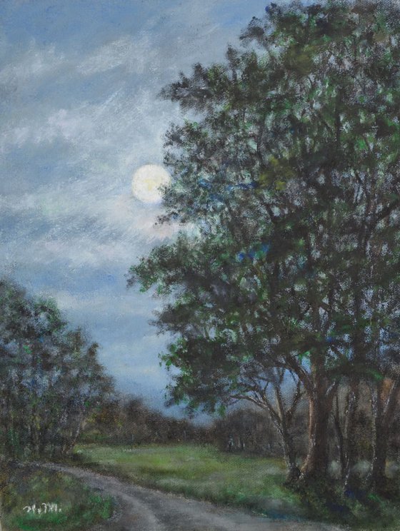 Night Road # 2 - Oil on 10X13 inch mat board by K. McDermott