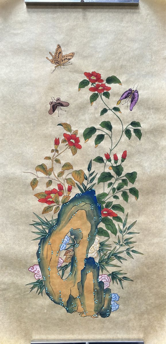 Botanical Painting By Sun-Hee Jung, 14 X 28", Red Flowers, Original Artwork