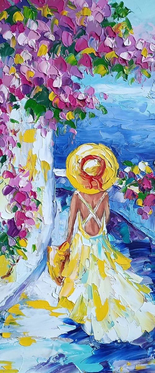 Waiting for him - landscape, oil painting, love, woman, sail, boat, sea, Greece, flowers, sea and beach, sea and sky, girl, seascape by Anastasia Kozorez