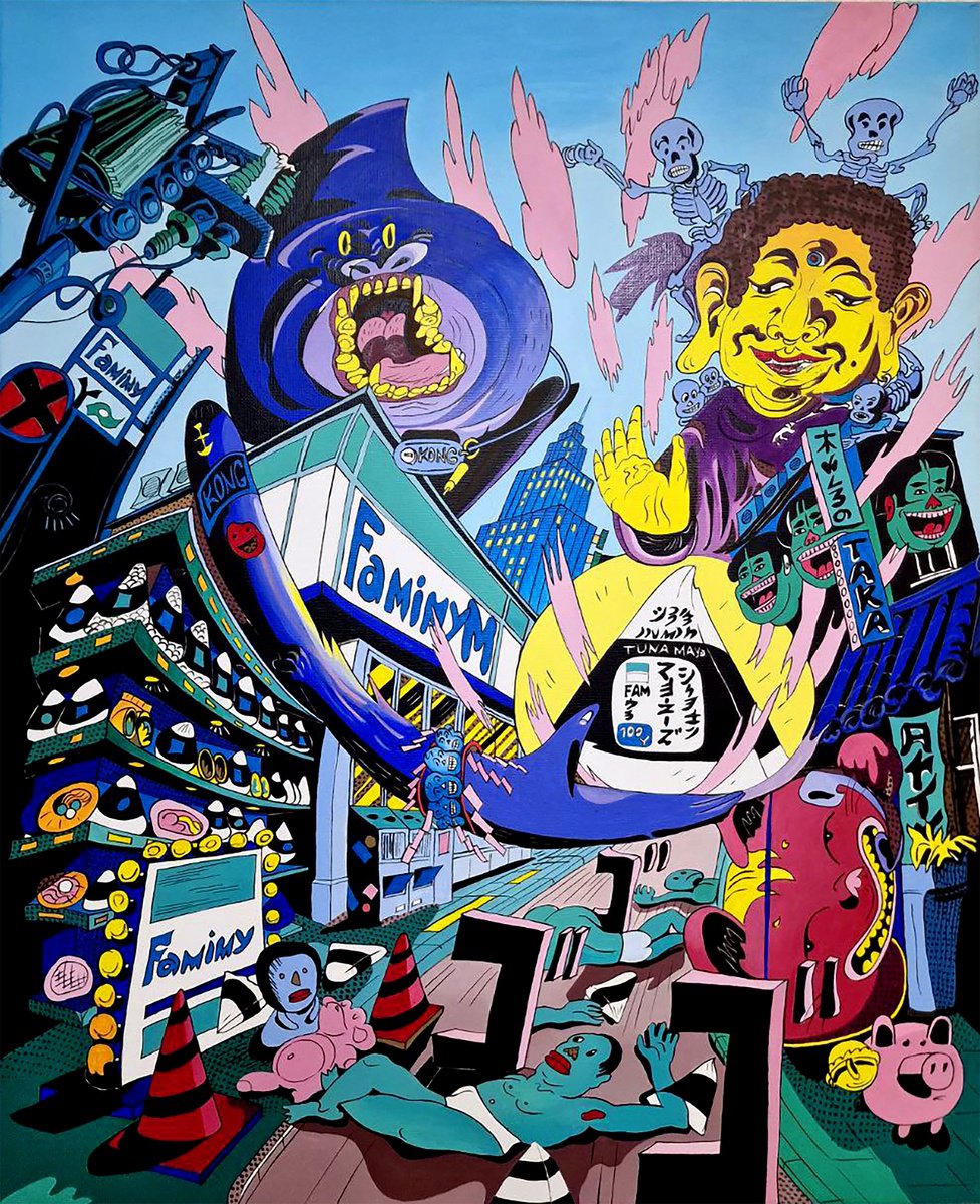 Urban And Pop Cityscapes Acrylic Painting By Pavs, 20 X 24", Holy Battle For Sacred Onigiri, Original Artwork