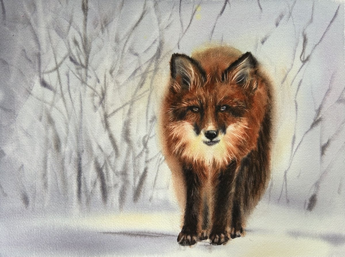 Impressionistic Animal Watercolour By Alina Karpova, 16 X 12, Fox In The Snow, Original Artwork
