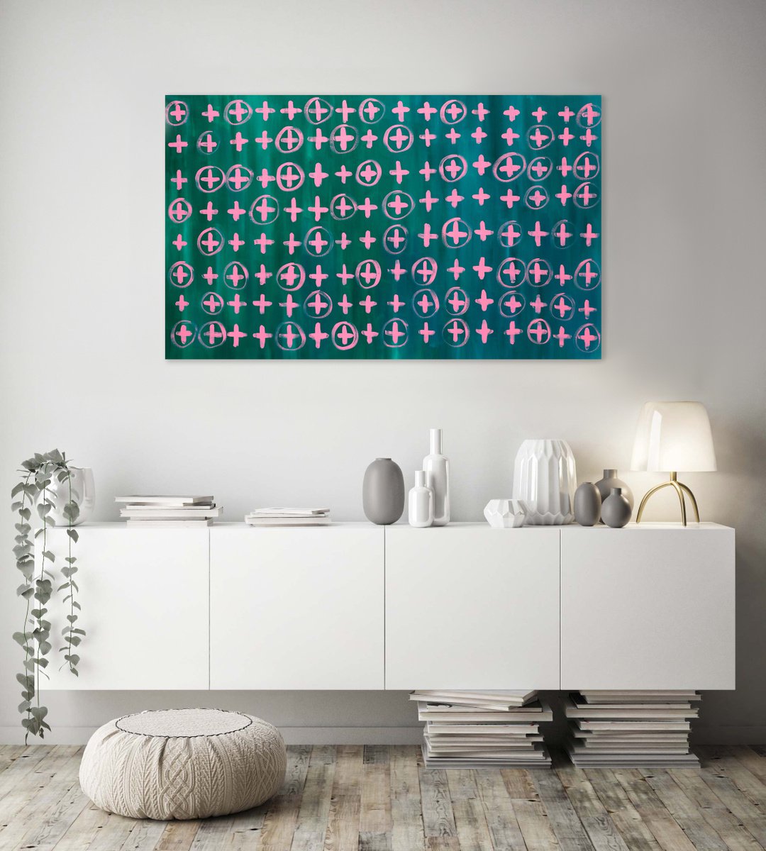 Geometric Abstract Oil Painting By Nataliia Sydorova, 65 X 39", Pink Crosses, Original Artwork