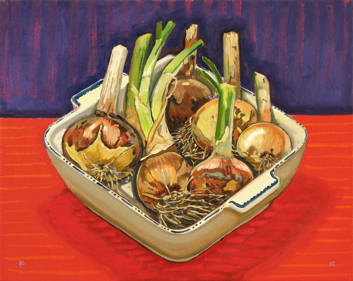 Still Life Oil Painting By Richard Gibson, 20 X 16", Onions In A Square Dish, Original Artwork