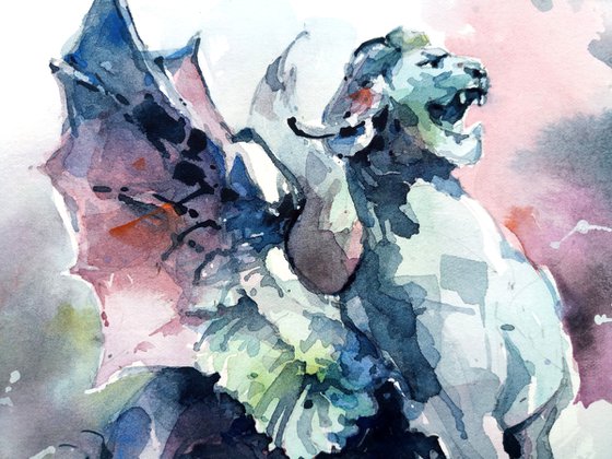 "Statues of Griffon" architectural landscape - Original watercolor painting