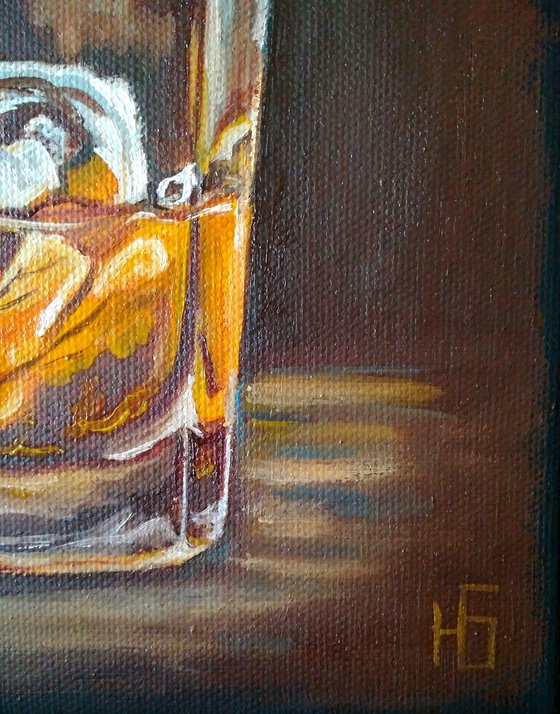 The glass of whiskey, Bourbon Painting Original Art Whiskey Ice Wall Art Cocktail Artwork