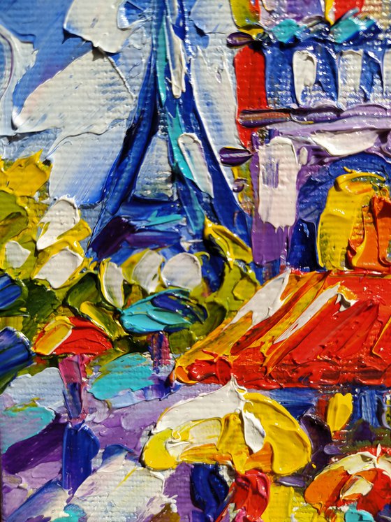 With love from France - small painting, cityscape, postcard, Eiffel Tower, city, gift idea, gift, oil painting, France, Eiffel Tower oil painting