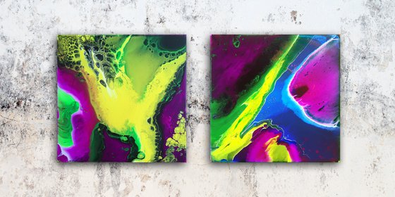 "His And Hers" - FREE USA SHIPPING + Save As A Series - Original PMS Abstract Diptych Fluid Acrylic Paintings On Canvas - 24" x 12"