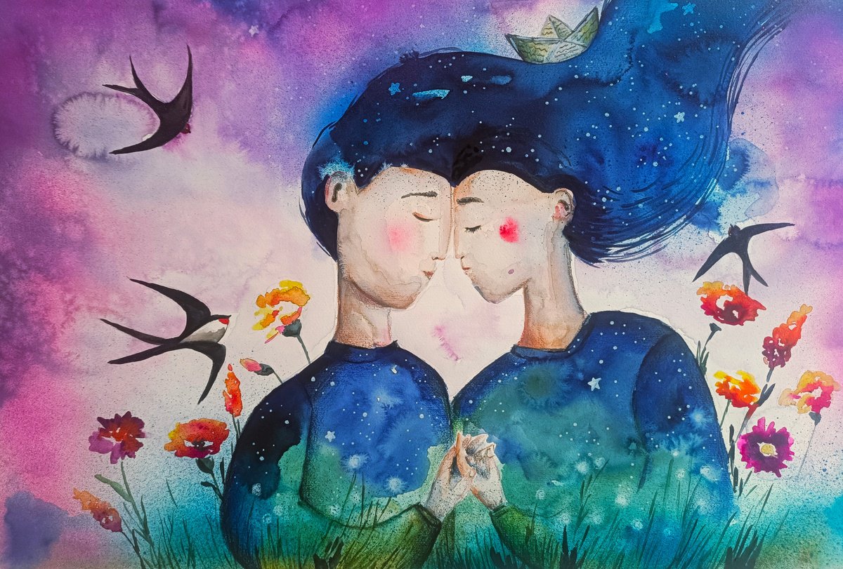 Surrealistic Portrait Watercolour By Evgenia Smirnova, 22 X 15, Silent Connection, Original Artwork