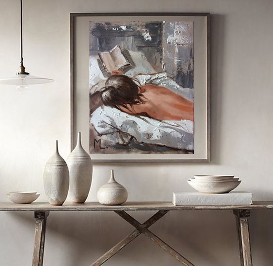 " READING IN BED ...  " book lover original painting ROOM  palette knife GIFT brown