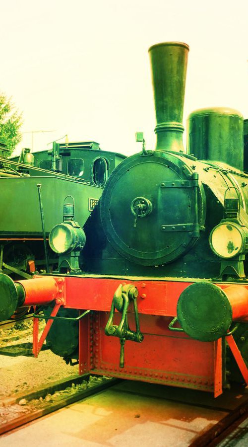 Old steam trains in the depot - print on canvas 60x80x4cm - 08369m2 by Kuebler