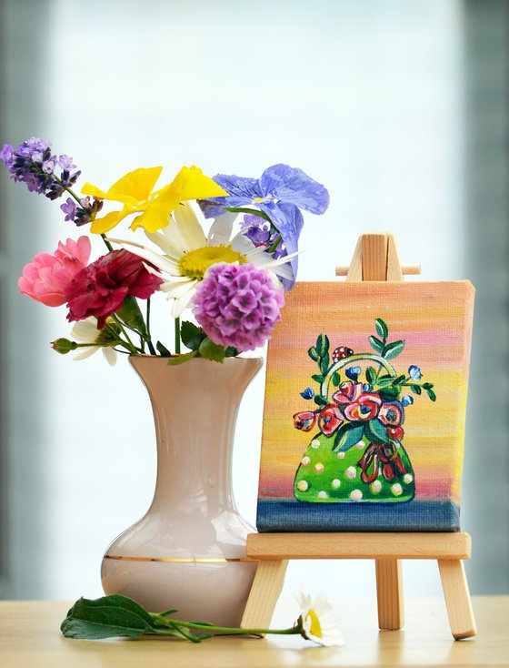 flowers in green bag, original acrylic miniature painting, still life