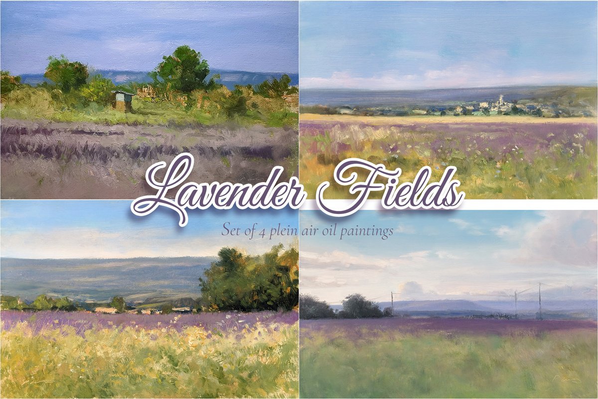 Impressionistic Landscape Oil Painting By Pascal Giroud, 24 X 16", Lavender Fields Set, Original Artwork